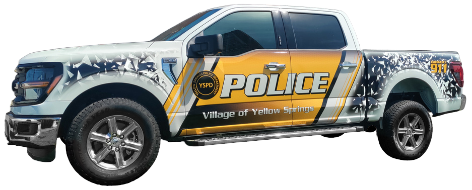 Yellow Springs police pickup with gold, white and charcoal graphics