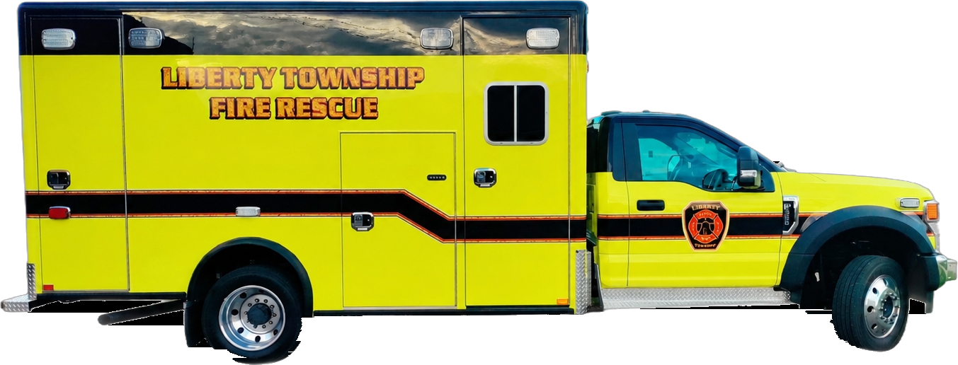 Liberty Township Fire Rescue ambulance with bright yellow and black graphics