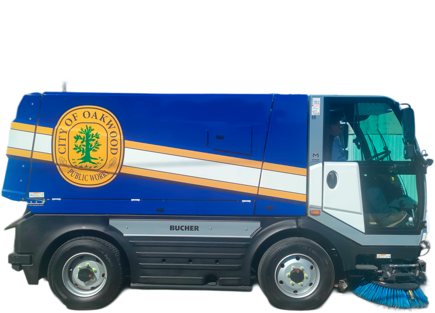 Blue city public works street sweeper with gold and white stripe